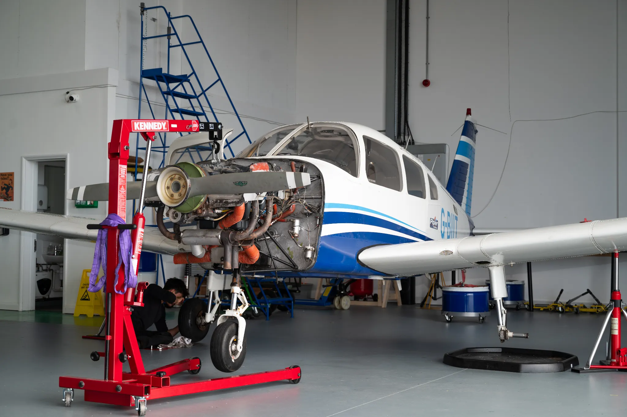 General aviation aircraft undergoing maintenance